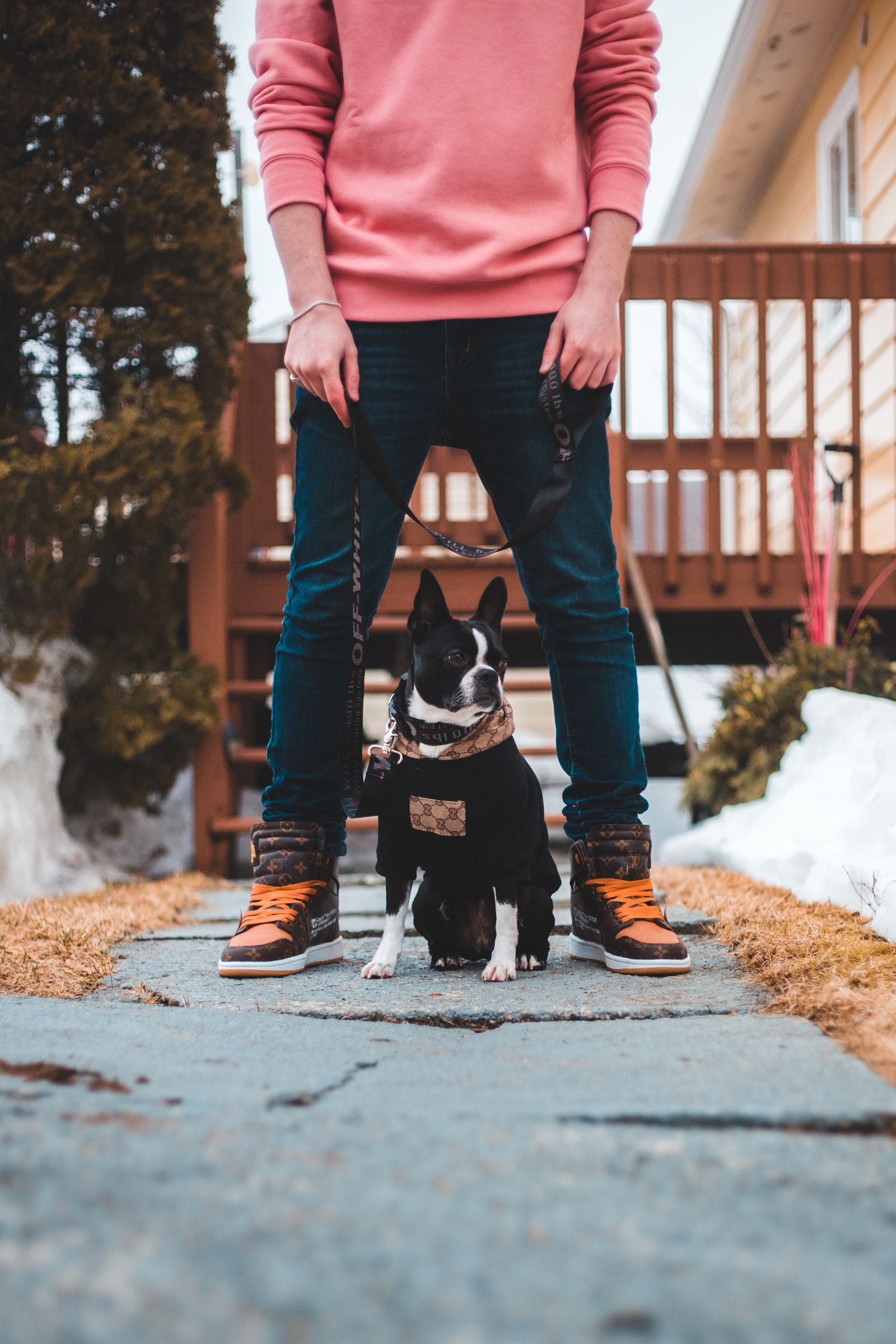 An owner outdoors with their dog