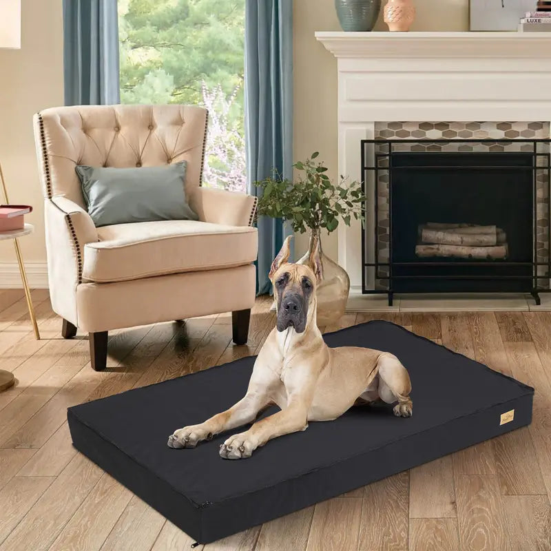 Deep Rest Bed - large dog on bed by fireplace